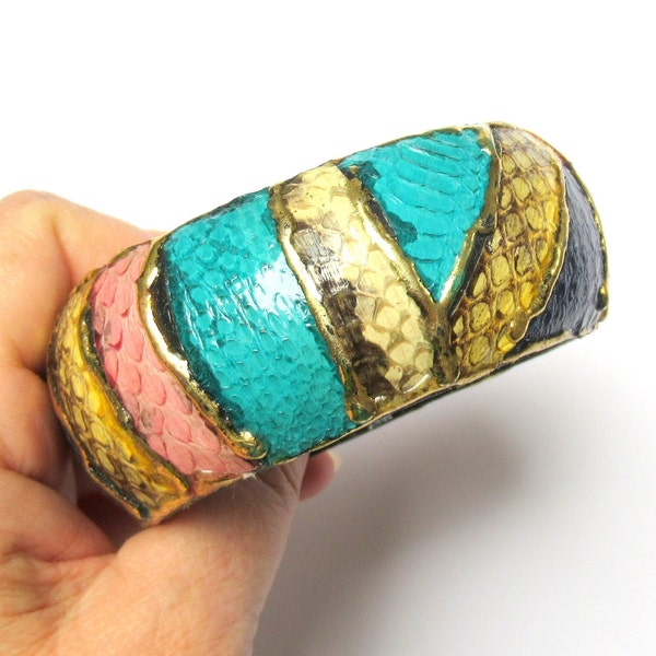 Snakeskin Effect Bangle Chunky Colourful Gold Striped Statement Cuff