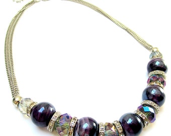 Purple & Silver Necklace Faceted Glass Beads Beaded Bib Collar