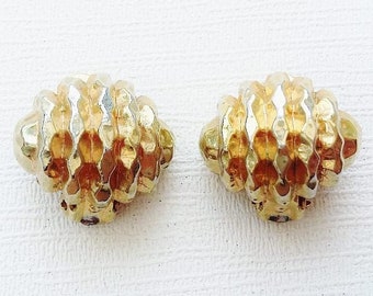 Modernist Earrings Gold Tone Clip Ons 1980s Textured Convex Surface Organic Shell Shape