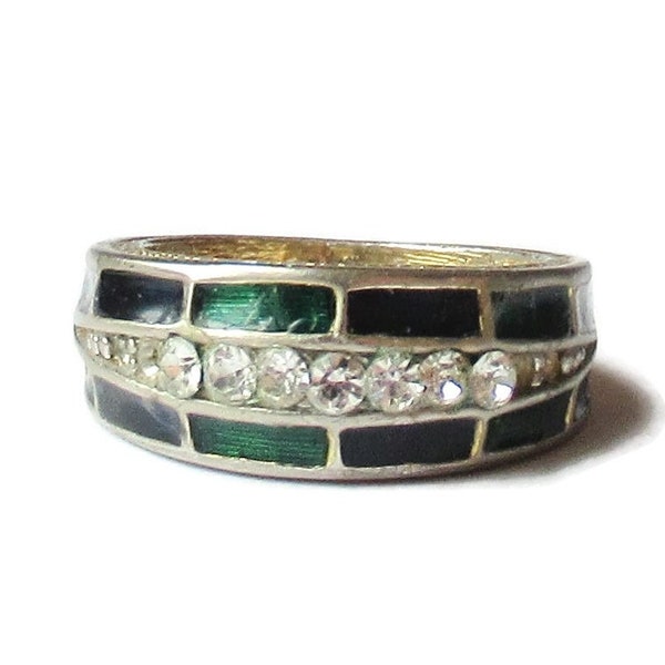 Enamel Ring Vintage D'Orlan Navy Bkue Emerald Green Cloisonné & Rhinestones