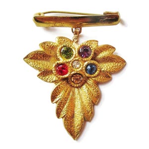 Modernist Dangling Leaf Brooch Gold Tone Medal Style With Multicolour Rhinestones