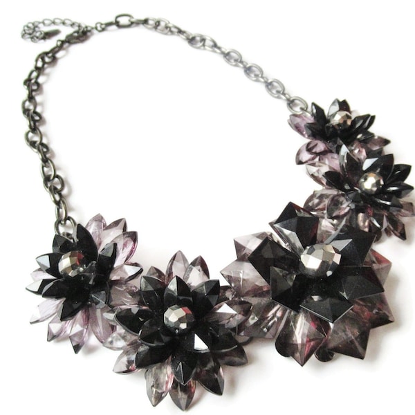 Black & Grey Statement Necklace Chunky Faceted Flower Betty Jackson Bib Collar