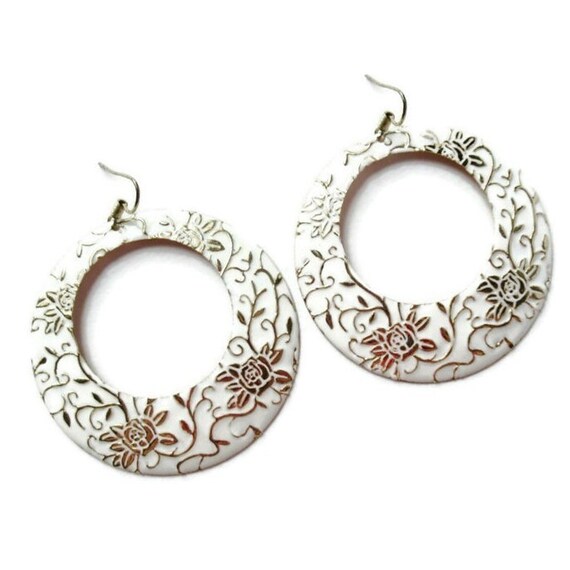 White Gold Hoop Earrings Floral Enamel Roses Flowers - Etsy display picture 1