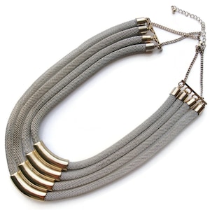 Silver Metal Mesh Necklace Four Row With Gold Tubes Chainmail Collar