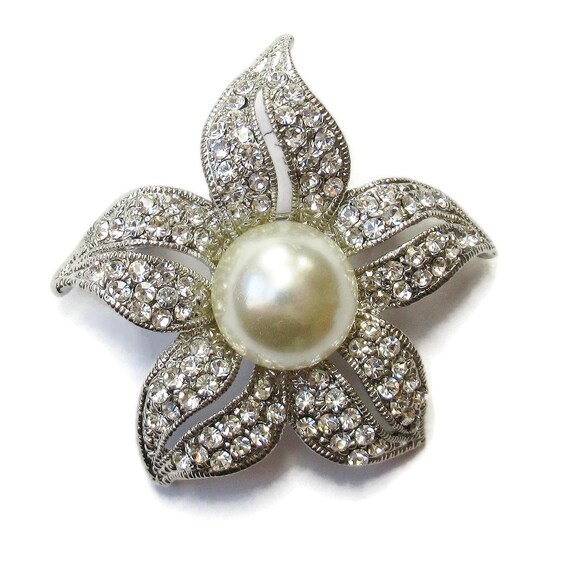 Rhinestone Flower Brooch Dramatic Silver & White … - image 1