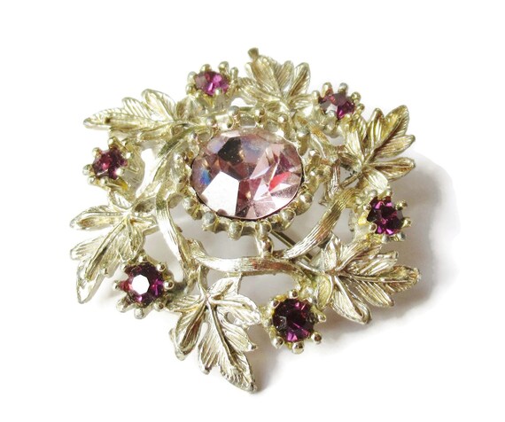 Pink Rhinestone Brooch Ornate Silver Filigree Lea… - image 4