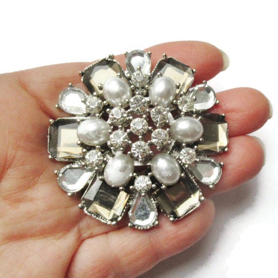 Large Statement Brooch Silver Rhinestone & Pearl … - image 4