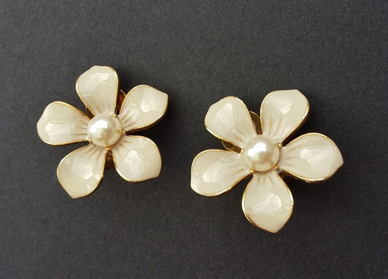 Beige Flower Earrings Clip Ons Enamel Pearl Detail Cream Ecru Statement Jewelry