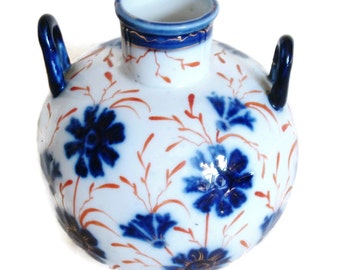 Small Vintage Vase Blue White Art Deco Style Bulbous Shape Imari Colours