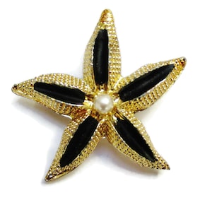 Starfish Brooch Gold Tone With Black Enamel Star Fish Pearl Pin