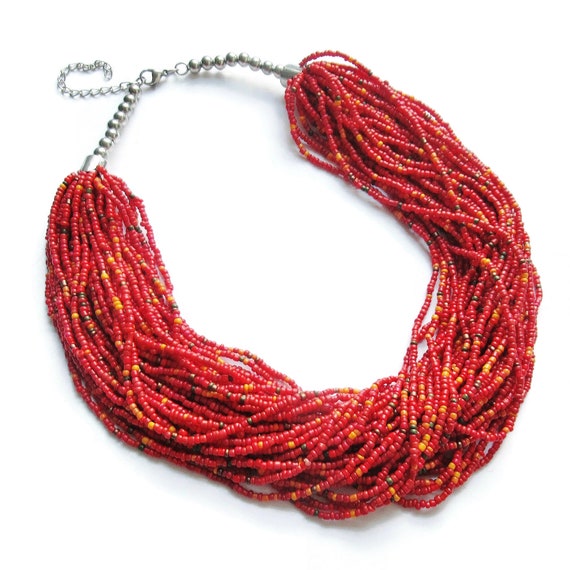Red Necklace Multi Row 40 String Seed Bead Strand… - image 1