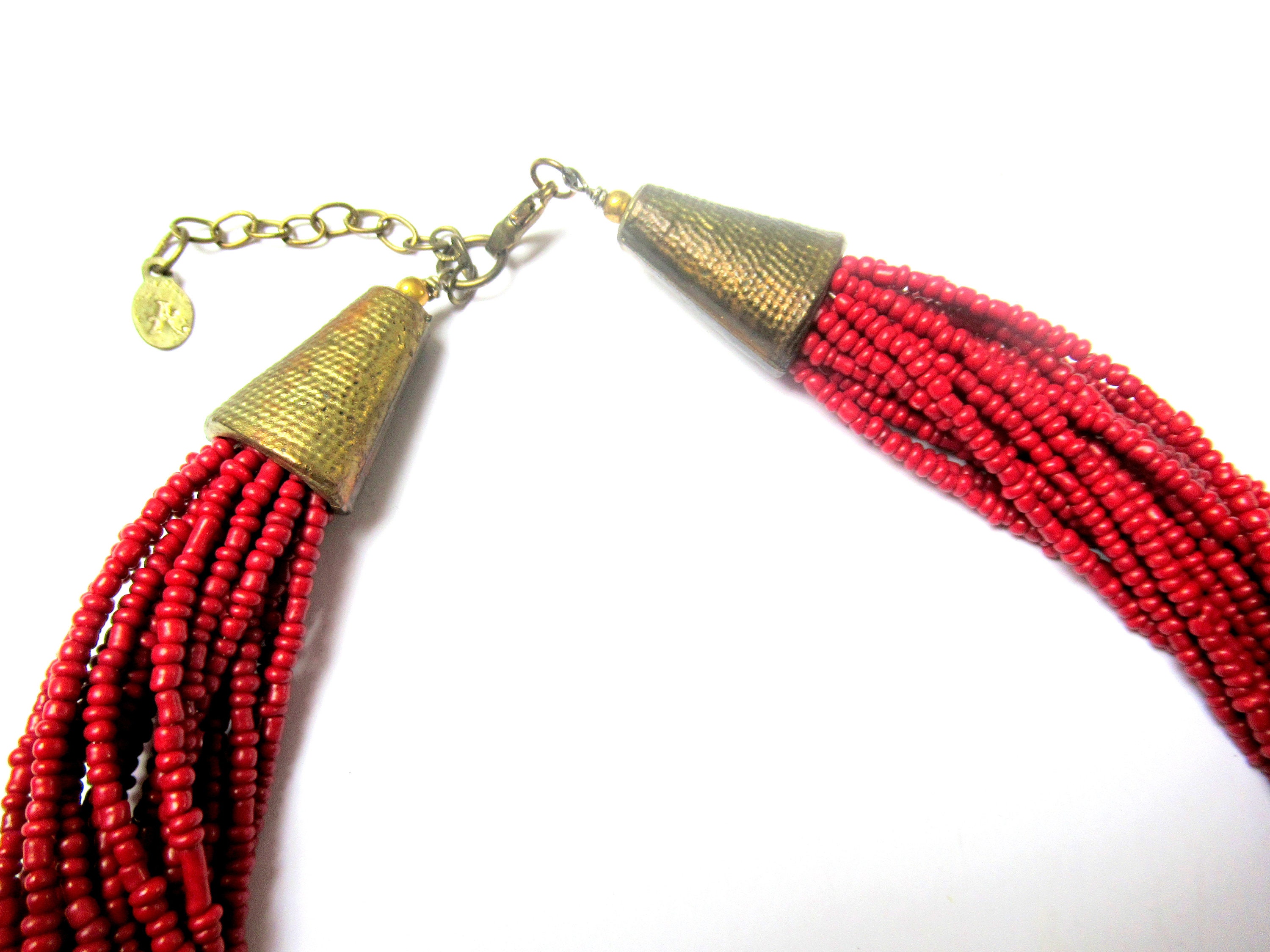 Crimson Red & Gold Tribal Necklace Multi Row Ethnic Boho African Style Hoop Effect Collar