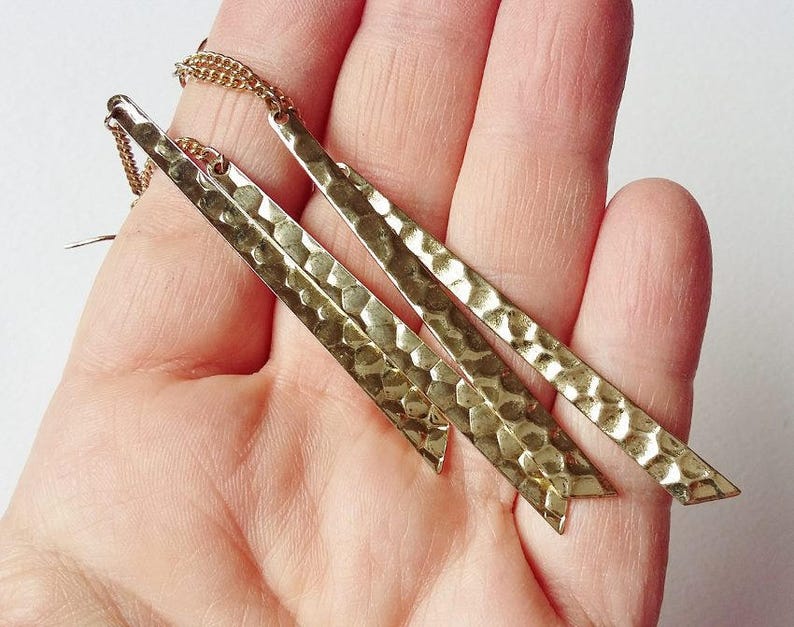 Long Shard Earrings Dangly Hammered Effect Gold Tone Metal Metallic Oversized Dangle Statement Jewellery Sophisticated Evening Wear
