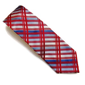 Diagonal Checked Tie Crimson Red & Blue Retro Vintage Silk Geometric Necktie