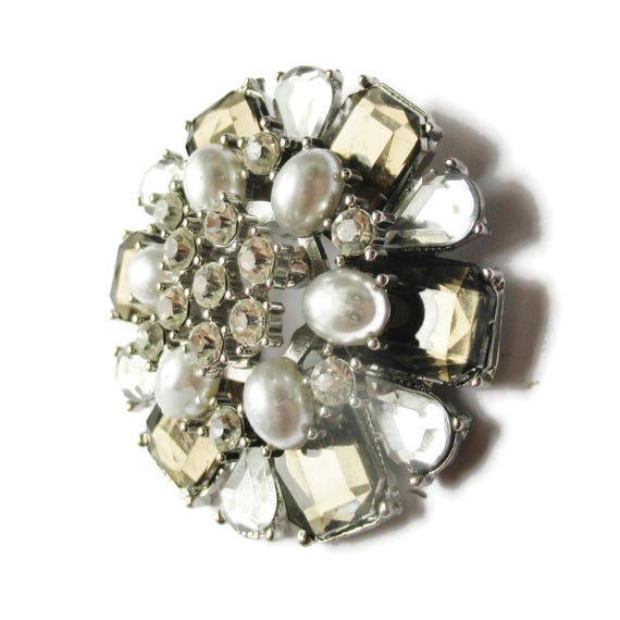 Large Statement Brooch Silver Rhinestone & Pearl … - image 3