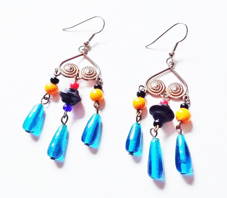 Boho Earrings Multicolour Multicolor Dangly Beads Long Dangly Gypsy Tribal Asian Eastern Style