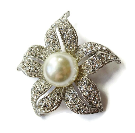 Rhinestone Flower Brooch Dramatic Silver & White … - image 3