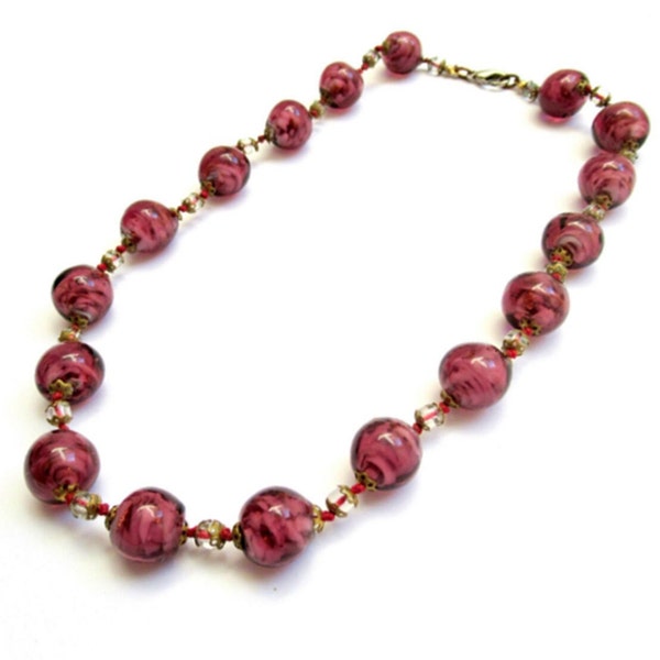 Purple Glass Necklace Damson Lilac Pink Tone Mottled Beads