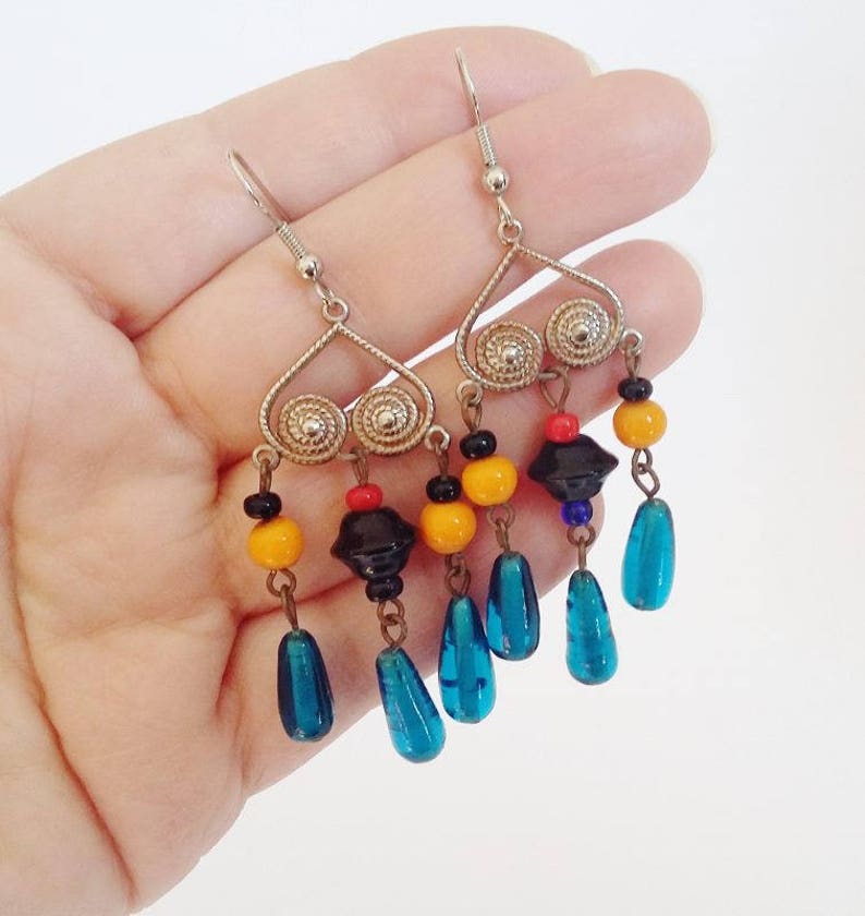 Boho Earrings Multicolour Multicolor Dangly Beads Long Dangly Gypsy Tribal Asian Eastern Style