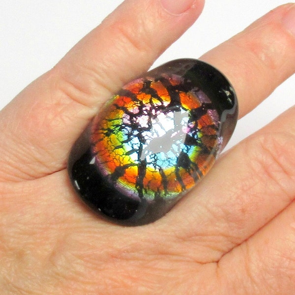 Murano Glass Ring Dichroic Foiled Black & Rainbow Chunky Handmade