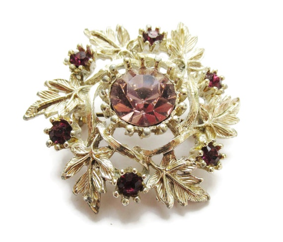 Pink Rhinestone Brooch Ornate Silver Filigree Lea… - image 2