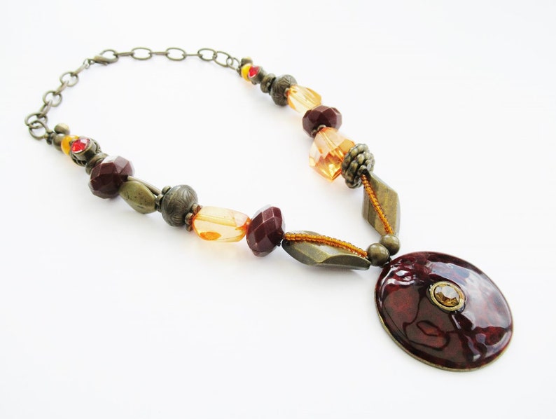 Pendant Necklace Brown Enamel Orange Amber Chunky Mixed Beads Multi Bead Faceted Opaque /& Clear Bronze Tone Chain