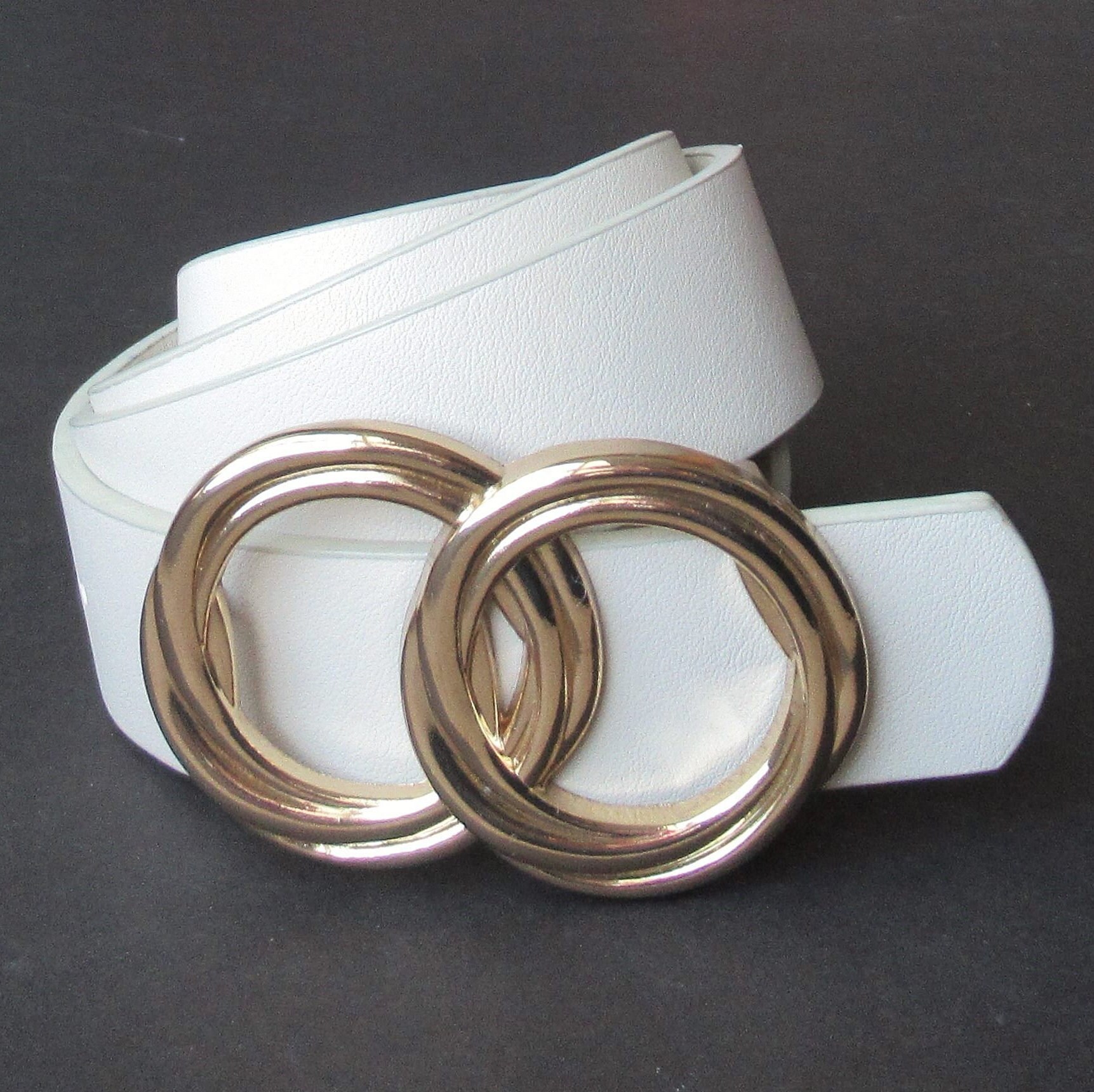 White Leather Effect Belt Double Ring Gold Buckle Fits 30 