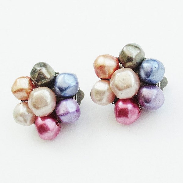 Pearl Cluster Earrings Vintage Clip Ons Multicolour Pearly Pink Purple Grey