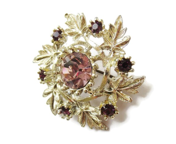 Pink Rhinestone Brooch Ornate Silver Filigree Lea… - image 5