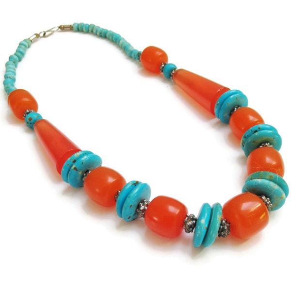 Orange Turquoise Necklace Chunky Wooden & Lucite Beads Boho tribal Style