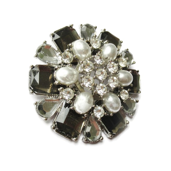 Large Statement Brooch Silver Rhinestone & Pearl … - image 1