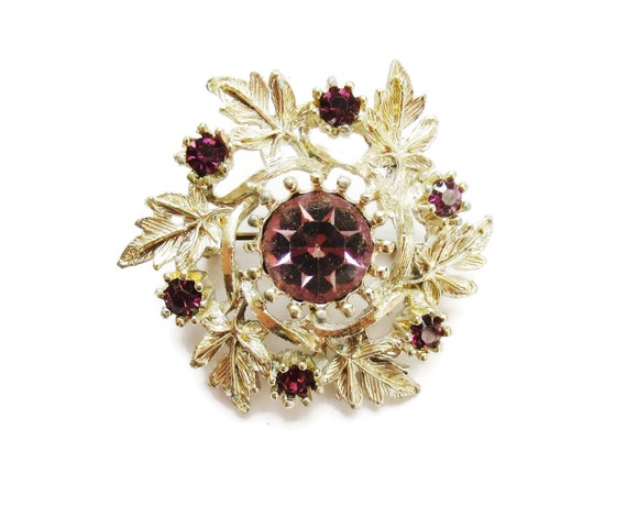 Pink Rhinestone Brooch Ornate Silver Filigree Lea… - image 7