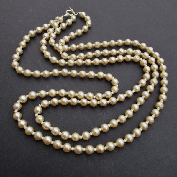 Long Pearl Necklace Champagne Tone Double Row Vintage Classic Elegance