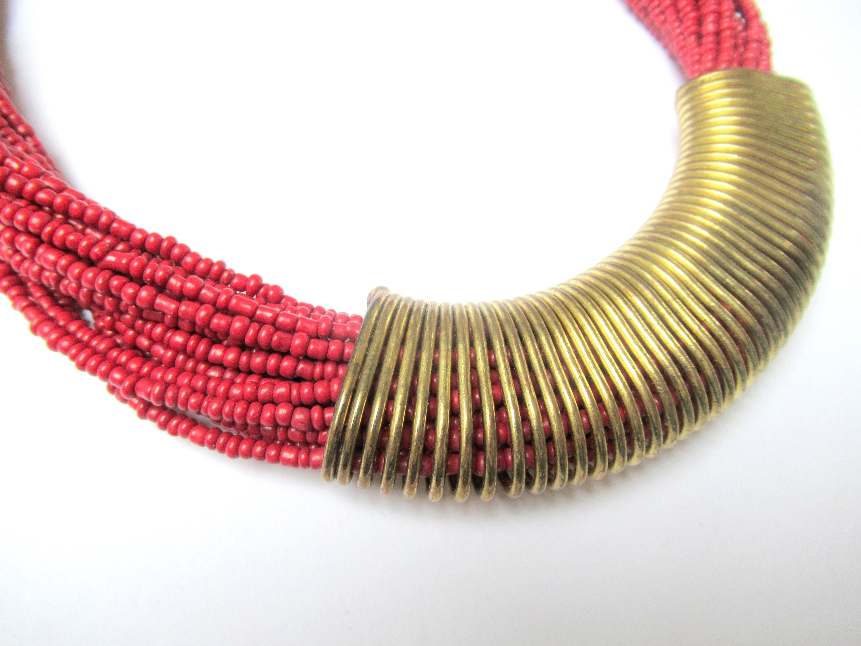 Crimson Red & Gold Tribal Necklace Multi Row Ethnic Boho African Style Hoop Effect Collar
