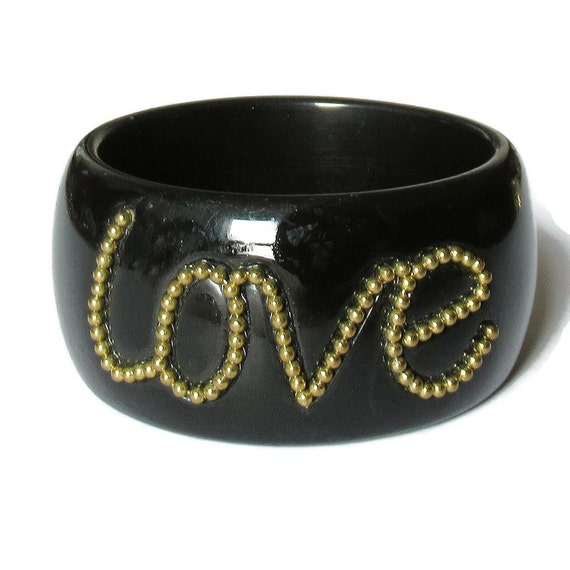 Black Gold LOVE Bangle Chunky Retro Lucite Cuff UK