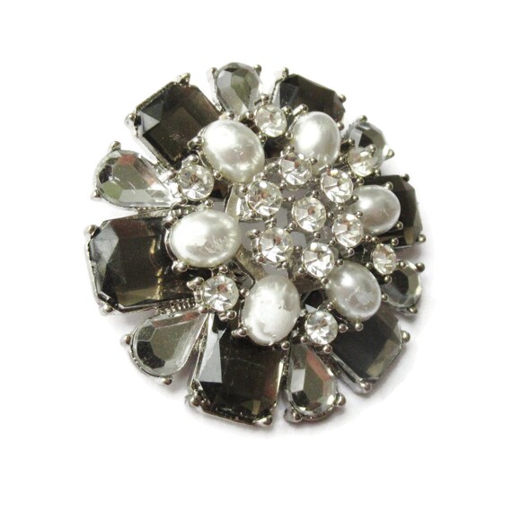 Large Statement Brooch Silver Rhinestone & Pearl … - image 7