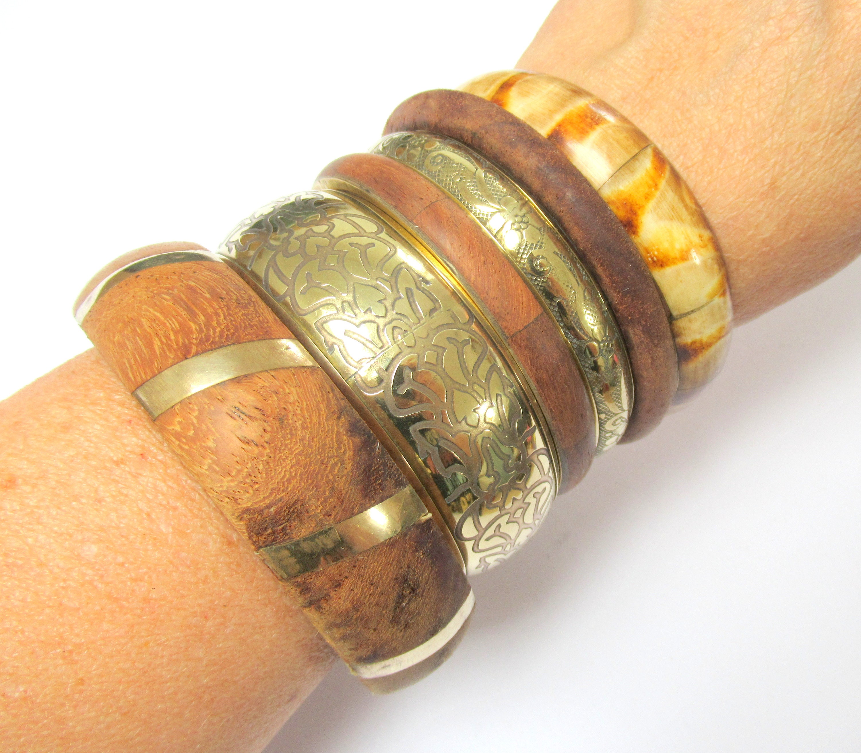 Stacking Bangle Collection Cuffs x 6 Brass Wood & Lucite Etsy
