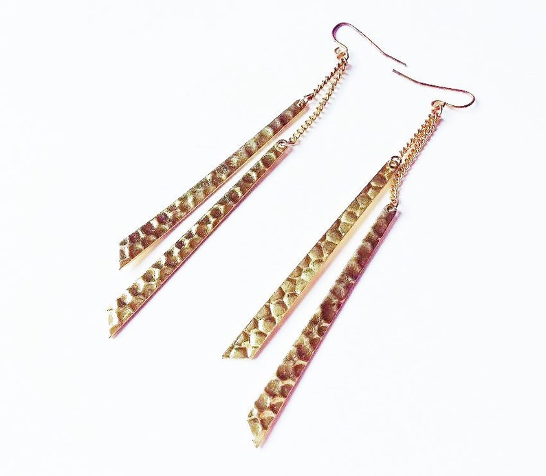 Long Shard Earrings Dangly Hammered Effect Gold Tone Metal Metallic Oversized Dangle Statement Jewellery Sophisticated Evening Wear