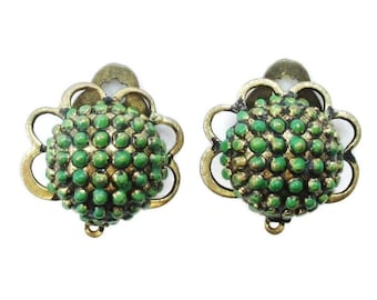 Green Beaded Earrings Domed Modernist Clip Ons With Gold Tone Base