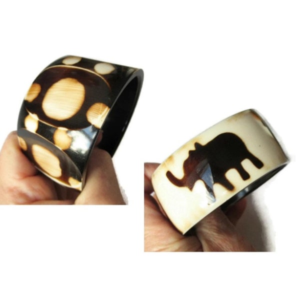 Ethnic Reversible Bangle Brown Beige Chunky Elephant & Carved Spotted Cuff