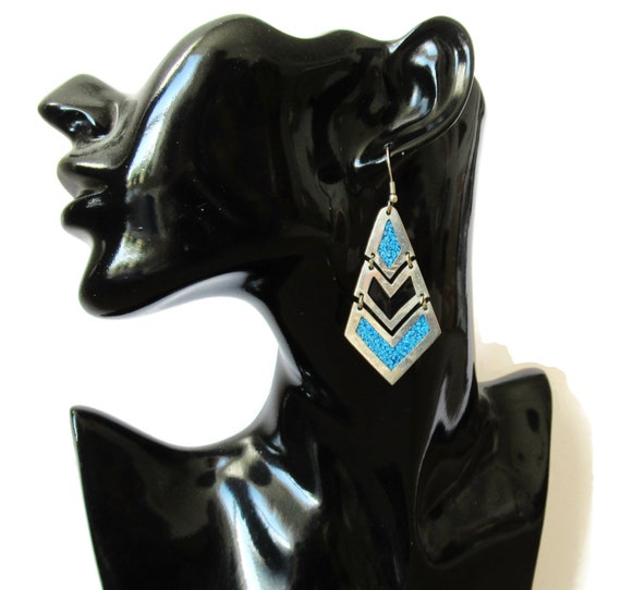 Blue Silver Black Earrings Chevron Diamond Shaped… - image 4