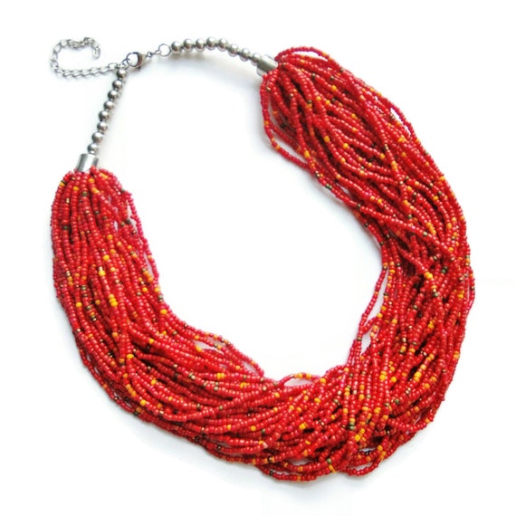 Red Necklace Multi Row 40 String Seed Bead Strand… - image 2