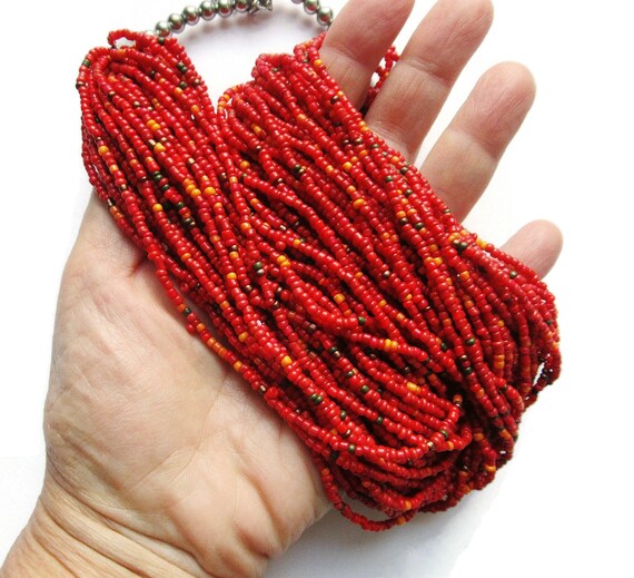 Red Necklace Multi Row 40 String Seed Bead Strand… - image 4