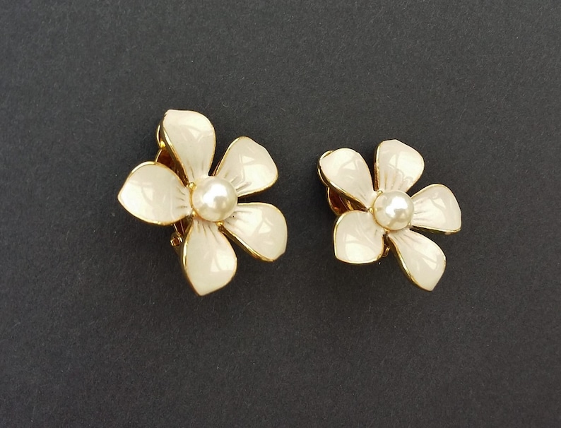 Beige Flower Earrings Clip Ons Enamel Pearl Detail Cream Ecru Statement Jewelry