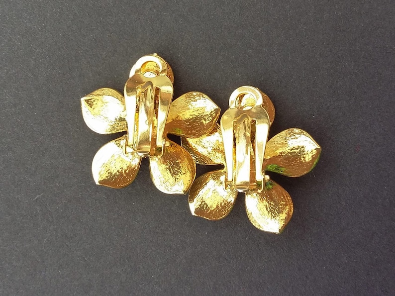 Beige Flower Earrings Clip Ons Enamel Pearl Detail Cream Ecru Statement Jewelry