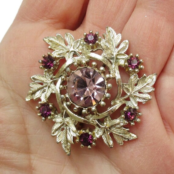 Pink Rhinestone Brooch Ornate Silver Filigree Lea… - image 1
