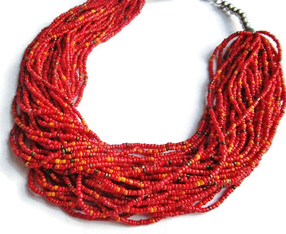Red Necklace Multi Row 40 String Seed Bead Strand… - image 3