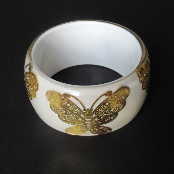 White Butterfly Bangle Gold Foil Embedded Lucite … - image 4