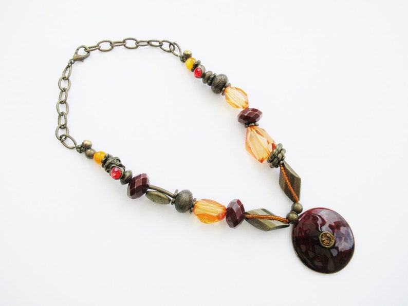 Pendant Necklace Brown Enamel Orange Amber Chunky Mixed Beads Multi Bead Faceted Opaque /& Clear Bronze Tone Chain