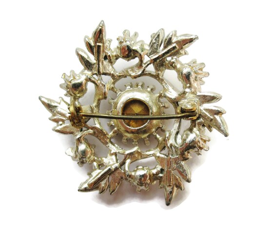 Pink Rhinestone Brooch Ornate Silver Filigree Lea… - image 8